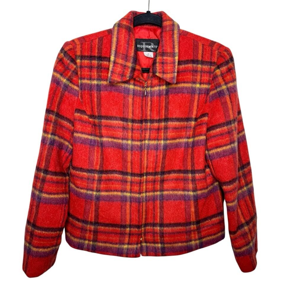 REQUIREMENTS / vintage red plaid wool blend zip up blazer jacket / 10